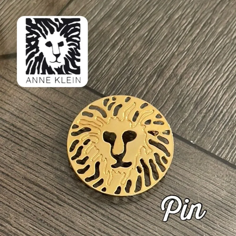 Vintage Anne Klein Gold Tone Round Lion Head Logo Shiny Brooch Pin Designer